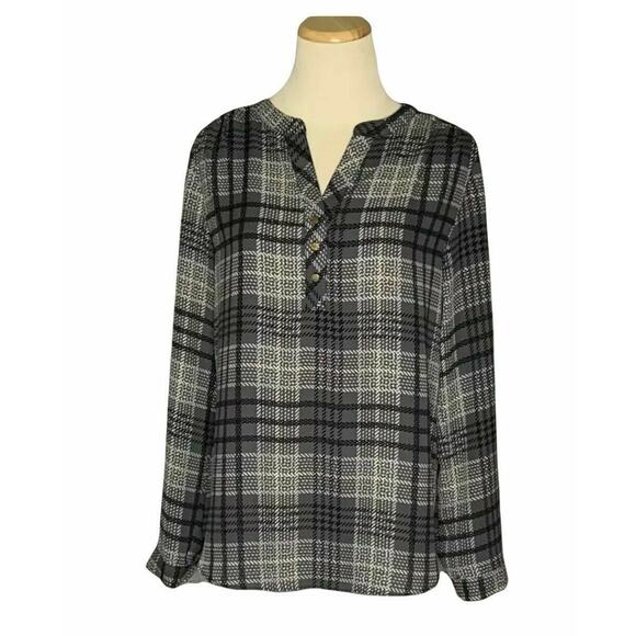 Investments Gray Plaid Long Sleeves Semi Sheer Blouse size MP - Picture 1 of 9